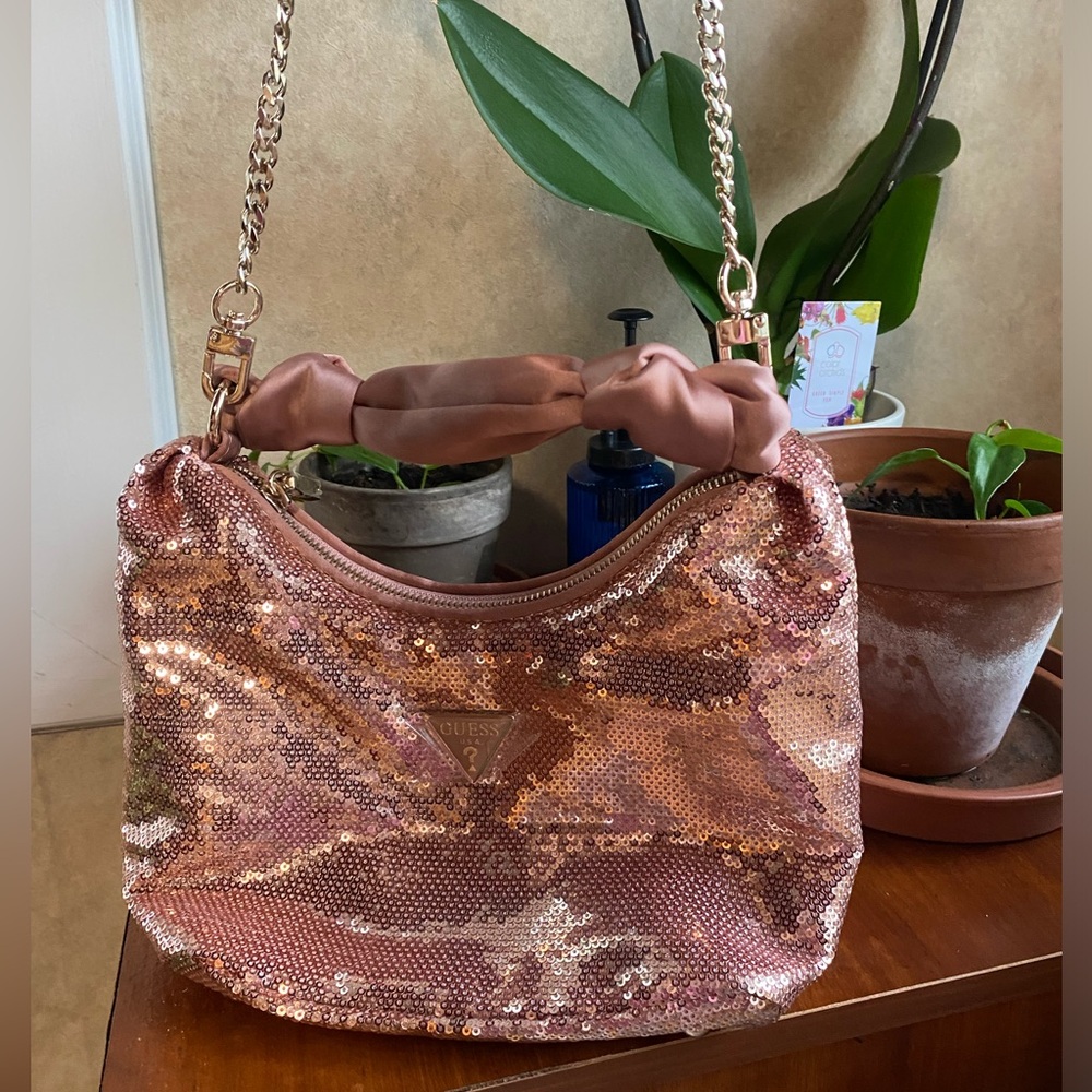 Guess Rose Gold Sequin / Barbie Pink Satin Handbag with Gold Metal Chain